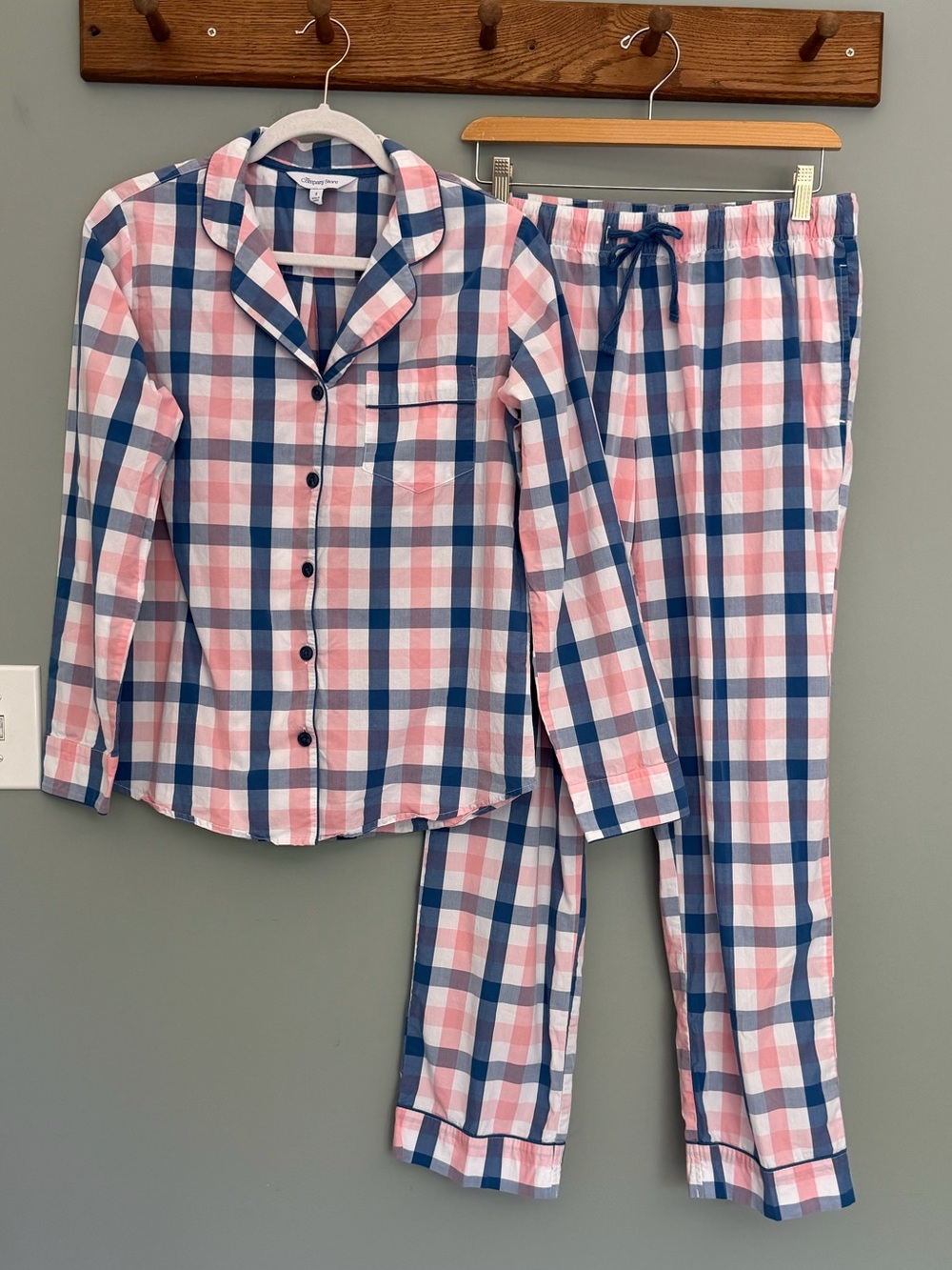The Company Store 100% Cotton Pink White Blue Plaid Long Sleeve Pajama Pant Set
